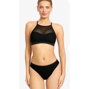Robin Piccone Black Knit Bikini Set Bandeau Halter Bra Molded Cups Sz M